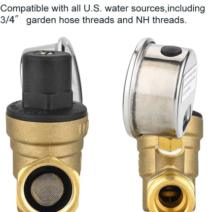 RV Water Pressure Regulator Valve, Adjustable Water Pressure Reducer with Gauge and Inlet Screen Filter for RV Camper Travel Trailer,(TOOL029)