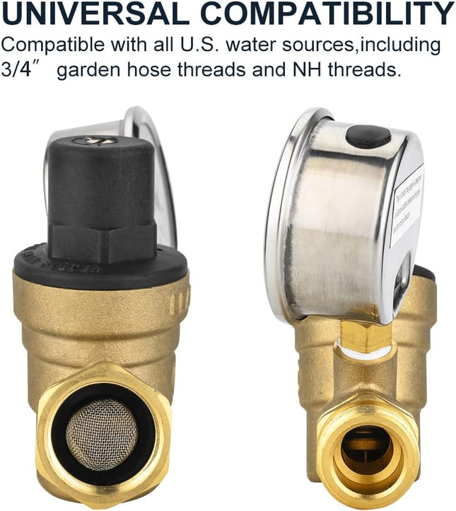 RV Water Pressure Regulator Valve Adjustable Water Pressure Reducer with Gauge and Inlet Screen Filter for – product detail