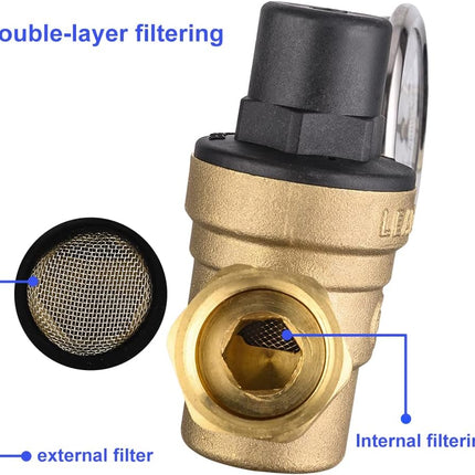 RV Water Pressure Regulator Valve, Adjustable Water Pressure Reducer with Gauge and Inlet Screen Filter for RV Camper Travel Trailer,(TOOL029)