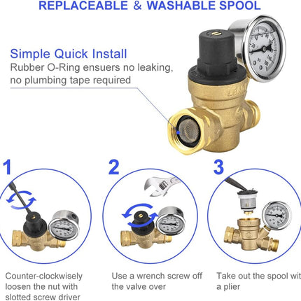 RV Water Pressure Regulator Valve, Adjustable Water Pressure Reducer with Gauge and Inlet Screen Filter for RV Camper Travel Trailer,(TOOL029)