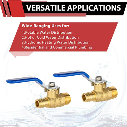 (Pack of 2)  Cold Expansion Pex-A 1/2-inch X 1/2 Inch Male MPT Brass Shut-off Ball Valve for Pex-A Pipe Connection, ASTM F1960, Blue Lever, cUPC Certified,(VALVE445)