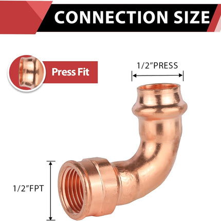 (Pack of 2)  Copper Press Elbow Fitting, 1/2" Copper Press x 1/2" Female 90 Degree Elbow For Pipe Connection (1/2" x1/2" F),(PRESS084)