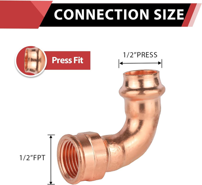 (Pack of 2) Copper Press Elbow Fitting 1/2 Copper Press x 1/2 Female 90 Degree Elbow For Pipe Connection – product detail