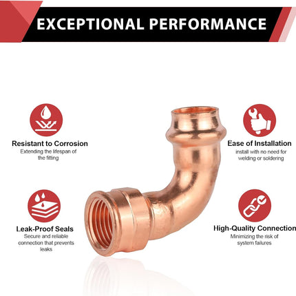 (Pack of 2)  Copper Press Elbow Fitting, 1/2" Copper Press x 1/2" Female 90 Degree Elbow For Pipe Connection (1/2" x1/2" F),(PRESS084)