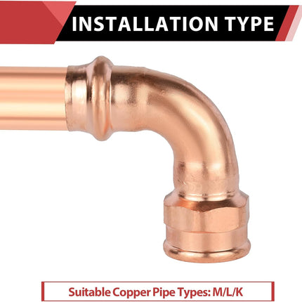 (Pack of 2)  Copper Press Elbow Fitting, 1/2" Copper Press x 1/2" Female 90 Degree Elbow For Pipe Connection (1/2" x1/2" F),(PRESS084)