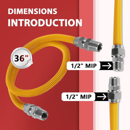 (Pack of 1)  36-Inch Flexible Gas Line Connector, 1/2" MIP x 1/2" MIP Brass Adapter, Stainless Steel Gas Hose, Yellow,(HOSE071)