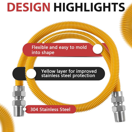 (Pack of 1)  36-Inch Flexible Gas Line Connector, 1/2" MIP x 1/2" MIP Brass Adapter, Stainless Steel Gas Hose, Yellow,(HOSE071)