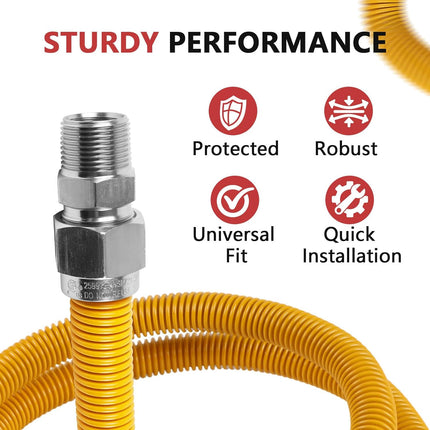 (Pack of 1)  36-Inch Flexible Gas Line Connector, 1/2" MIP x 1/2" MIP Brass Adapter, Stainless Steel Gas Hose, Yellow,(HOSE071)