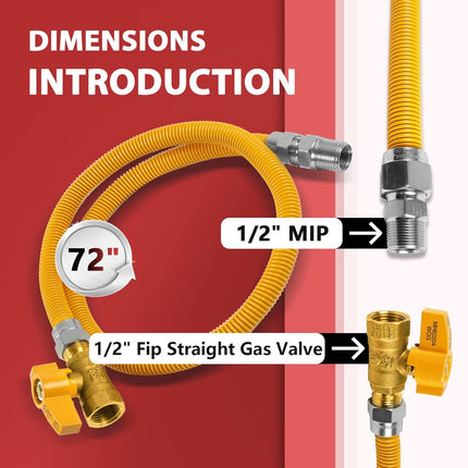 72-Inch Flexible Gas Line Connector, 1/2" MIP x 1/2" FIP Straight Gas Valve Brass Adapter, Stainless Steel Gas Hose, Yellow,(HOSE079)