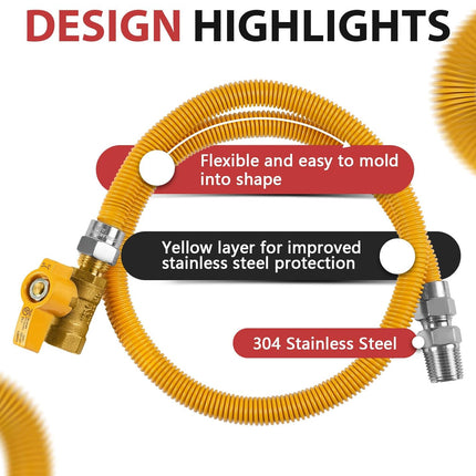 72-Inch Flexible Gas Line Connector, 1/2" MIP x 1/2" FIP Straight Gas Valve Brass Adapter, Stainless Steel Gas Hose, Yellow,(HOSE079)