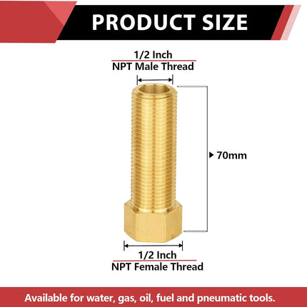 (Pack of 2)  1/2" Male Pipe(NPSM) x 1/2" Female Pipe(NPSF) Extension Brass Fitting Adapter, 70MM Length, Hex Connector with Sealing Tape,(NPT138)