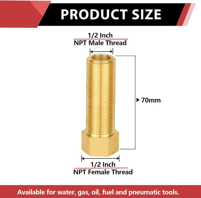 (Pack of 2) 1/2 Male Pipe(NPSM) x 1/2 Female Pipe(NPSF) Extension Brass Fitting Adapter 70MM Length Hex – product detail
