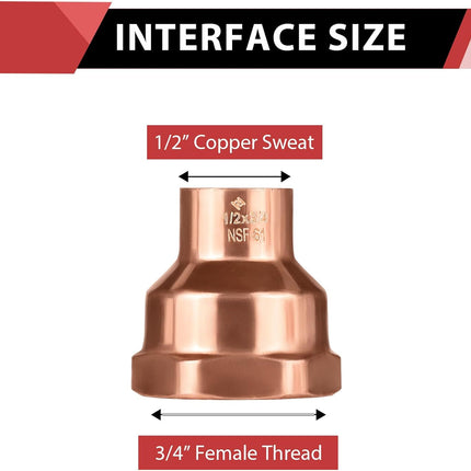 (Pack of 10)  1/2" C x 3/4" FNPT Copper Female Adapters, LF Copper Plumbing Fittings with Sweat Solder X FNPT Connection (1/2" C X 3/4" F),(COPPER039)