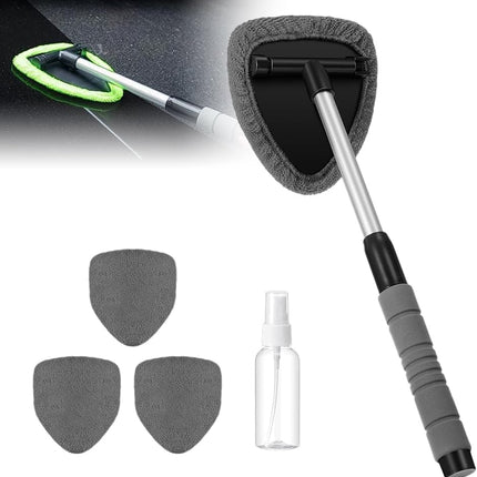 Microfiber Car Windshield Cleaner Tool, 2025 Upgrade Car Window Cleaner Windshield Cleaner Inside Glass Wiper Kit, Reusable Washable Microfiber Pads and Extendable Handle (Black)
