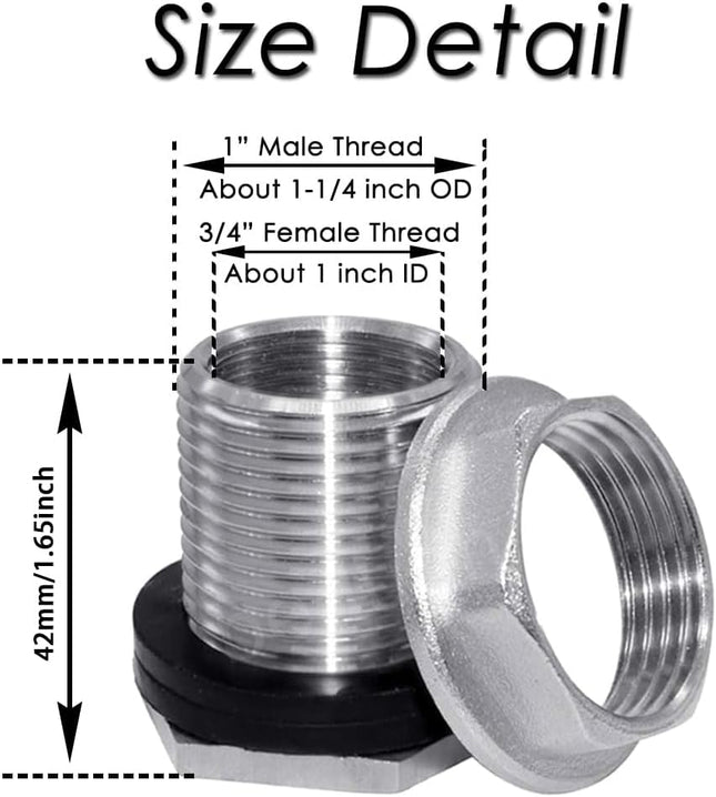 1 NPS Male to 3/4 NPT Female Stainless Steel Bulkhead Water Tank Connector Thru-bulk Fitting for Water – product detail