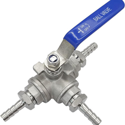 3 Way Shut Off Ball Valve with 3/8" Hose Barb Fittings Stainless Steel T Type Three Way by Pass Valve for Water Oil Fuel Gas Vinyl Locking Handle