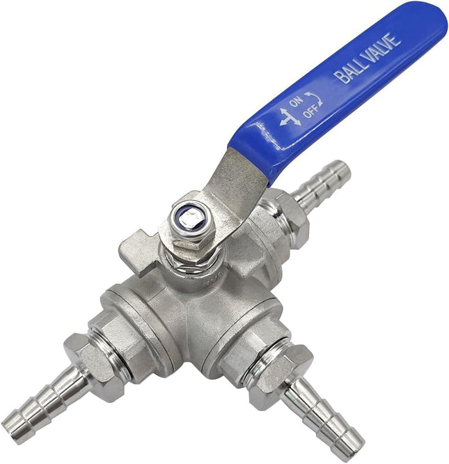 3 Way Shut Off Ball Valve with 3/8 Hose Barb Fittings Stainless Steel T Type Three Way by Pass Valve for
