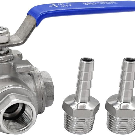 3 Way Shut Off Ball Valve with 3/8" Hose Barb Fittings Stainless Steel T Type Three Way by Pass Valve for Water Oil Fuel Gas Vinyl Locking Handle