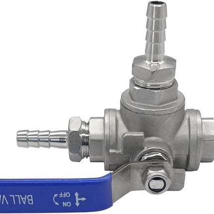 3 Way Shut Off Ball Valve with 3/8" Hose Barb Fittings Stainless Steel T Type Three Way by Pass Valve for Water Oil Fuel Gas Vinyl Locking Handle