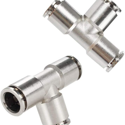 Push to Connect Tube Fitting Union Tee, Copper Nickle-Plated 3/8" Tube OD 3 Way Tee Shaped Union Adapter Fitting (Pack of 5)