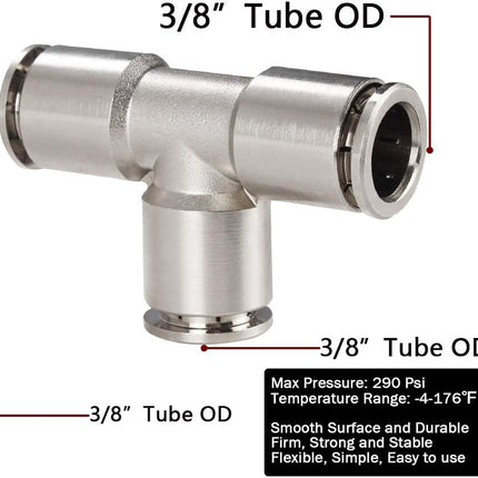Push to Connect Tube Fitting Union Tee, Copper Nickle-Plated 3/8" Tube OD 3 Way Tee Shaped Union Adapter Fitting (Pack of 5)