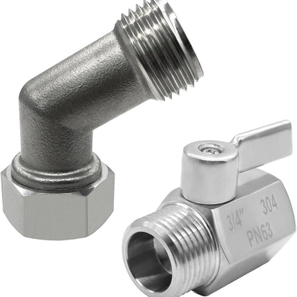 304 Stainless Steel Garden Hose Elbow 45 Degree Adapter Connector with Shut Off Ball Valve Heavy Duty Hose On Off Water Valve