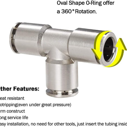 Push to Connect Tube Fitting Union Tee, Copper Nickle-Plated 1/2" Tube OD 3 Way Tee Shaped Union Adapter Fitting (Pack of 5)
