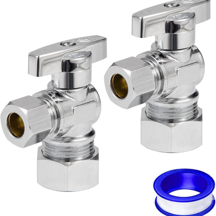 Heavy Duty Angle Stop Valve 1/2" Nom (5/8" OD) Comp x 3/8" OD Comp, 1/4-Turn Operation，High quality lead-free brass (2PCS)