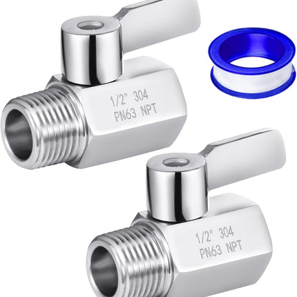 Shower Head Shut Off Valve, 304 Stainless Steel Mini Ball Valve NPT Thread(1/2" Male x 1/2"Female),Shower Head Flow Control Valve,Water Flow Control Valve （2 Pack）