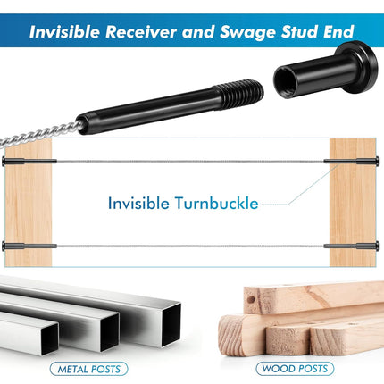 120 Pack Invisible Cable Railing kit, T316 Stainless Steel 1/8" Invisible Receiver and Swage Stud End for Cable Railing, Swage Tensioner 1/8" for Wood/Metal Post, Hardware (Black)