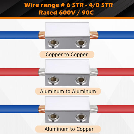 4 Pack 4/0-6 AWG Dual Rated Splicer, Aluminum Splice/Reducer, Mechanical Connector, Ground Wire Connector, Silver
