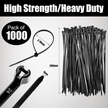 1000 Pcs Cable Zip Ties with Metal Tooth Stainless Steel Locking Device, 7 Inch Black Cable Ties, 45 Lbs Tensile Strength, UV Resistant Wire Wraps Multi Purpose for Industrial Indoor Outdoor Use