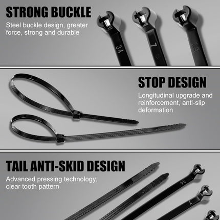 1000 Pcs Cable Zip Ties with Metal Tooth Stainless Steel Locking Device, 7 Inch Black Cable Ties, 45 Lbs Tensile Strength, UV Resistant Wire Wraps Multi Purpose for Industrial Indoor Outdoor Use