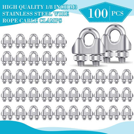 100 Pcs 1/8 Inches M3 Stainless Steel Cable Wire Rope Clip Large U Bolt Saddle Guy Fastener 304 Stainless Steel Fastener Cable Wire Rope Clamps, Connect 2 Layers of Wire to Form a Loop