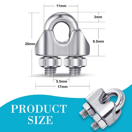 100 Pcs 1/8 Inches M3 Stainless Steel Cable Wire Rope Clip Large U Bolt Saddle Guy Fastener 304 Stainless Steel Fastener Cable Wire Rope Clamps, Connect 2 Layers of Wire to Form a Loop
