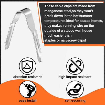 100 PCS Manganese Steel Cable Clips for Stucco Surfaces Stucco Hooks for Coaxial Electrical Cable Drywall Clips Push in Masonry Anchors for Running Wire on The Exterior of Homes