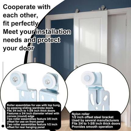 12 Pcs Sliding Closet Door Roller Kit Wardrobe Door Rollers Replacement for Top Hung Bypass, 3/4" Wheel with 1/2" and 3/8" Offset, 7/8" Wheel with 1/2" Offset