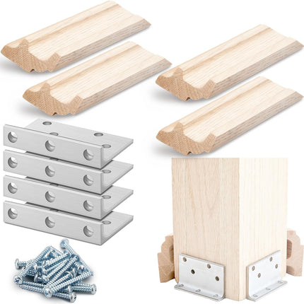 1 Set 3-1/2" Newel Post Mounting Kit 4 Pcs L Bracket Post Fasteners with 4 Pcs Maple Wood Skirt Trim and Screws for Square Newels Fastening Handrails Railings Balustrades to Stairs and Floors