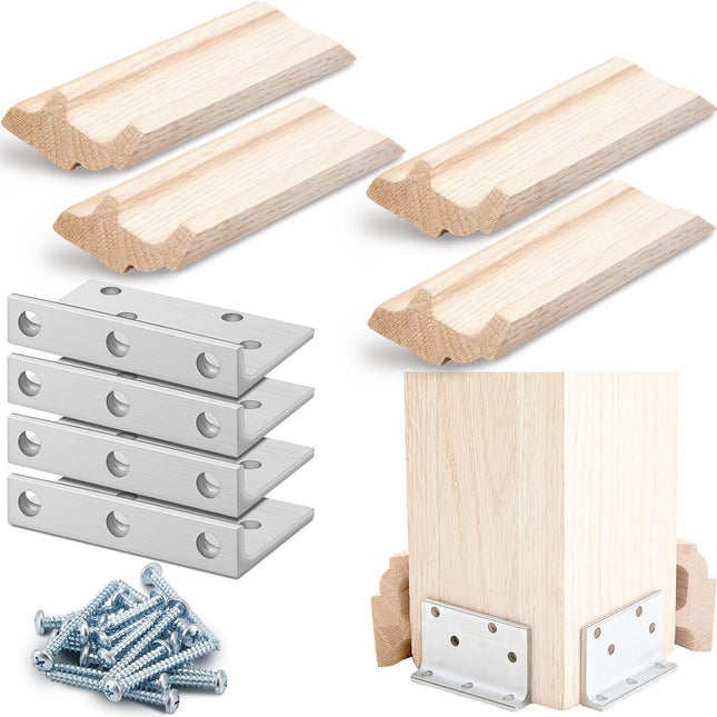 1 Set 3-1/2" Newel Post Mounting Kit 4 Pcs L Bracket Post Fasteners with 4 Pcs Maple Wood Skirt Trim and Screws for Square Newels Fastening Handrails Railings Balustrades to Stairs and Floors