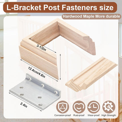 1 Set 3-1/2" Newel Post Mounting Kit 4 Pcs L Bracket Post Fasteners with 4 Pcs Maple Wood Skirt Trim and Screws for Square Newels Fastening Handrails Railings Balustrades to Stairs and Floors