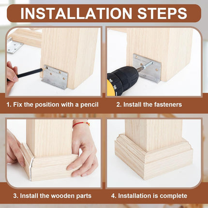 1 Set 3-1/2" Newel Post Mounting Kit 4 Pcs L Bracket Post Fasteners with 4 Pcs Maple Wood Skirt Trim and Screws for Square Newels Fastening Handrails Railings Balustrades to Stairs and Floors