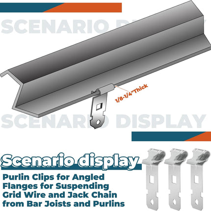100 Pcs Z-Purlin Clips for Angled Flanges 1/8"-1/4" Thick, Z Clips Steel Hanging Clamp for Suspending Grid Wire and Jack Chain from Bar Joists and Purlins (Silver)