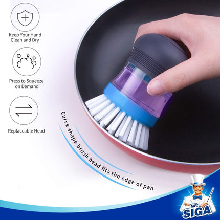 Soap Dispensing Palm Brush, Kitchen Brush for Dish Pot Pan Sink Cleaning, Pack of 2, Navy/Blue