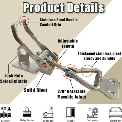 4PCS Thickened Stainless Steel Toggle Latch Clamp Adjustable Heavy Duty Pull Hasp Latches Toggle Latch Clamp with Lock Hole Toggle Latch Catch Set for Trunk Jig Smoker Door and Tool Boxes (Silver)