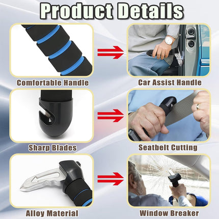 Portable Car Handle Assist Support with Grab Handle 3 in 1 Automotive Door Assist Handle Suitable for All U-Shaped Latch Cars Combined with Seatbelt Cutter and Window Breaker (Blue-2Pcs)
