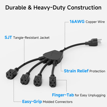 2-Pack 4 Outlet Power Splitter Cord - 1.5ft, NEMA 5-15P to NEMA 5-15R Y Power Cord Splitter, 16 AWG Outlet Saver, 4 Way ExtensionCord, 1.5 Feet