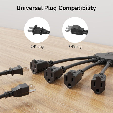 2-Pack 4 Outlet Power Splitter Cord - 1.5ft, NEMA 5-15P to NEMA 5-15R Y Power Cord Splitter, 16 AWG Outlet Saver, 4 Way ExtensionCord, 1.5 Feet