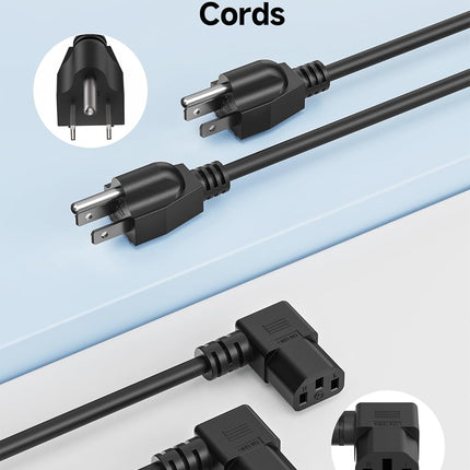 2-Pack 16 AWG Right Angle Power Cord - 6ft, 90 Degree AC Power Cord Replacement, NEMA 5-15P to Angled IEC C13, Black