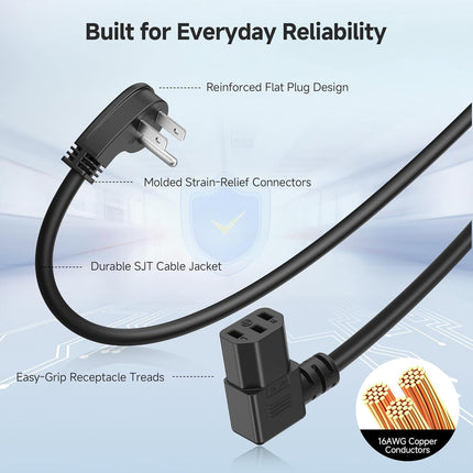 2-Pack 16 AWG Low Profile Right Angle Power Cord, 90 Degree Power Cord, 6 Feet (NEMA 5-15P to Angled IEC C13)