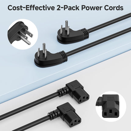 2-Pack 16 AWG Low Profile Right Angle Power Cord, 90 Degree Power Cord, 6 Feet (NEMA 5-15P to Angled IEC C13)